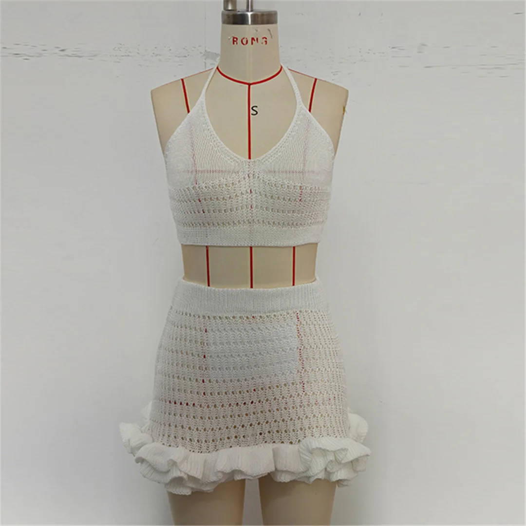 Neues, gerüschtes, halterloses, ausgeschnittenes, gehäkeltes, gestricktes 2-teiliges Set, Sommerkleid, Strandkleidung, Cover-up, zweiteiliges Set für Damen, V7169 – Detail 11