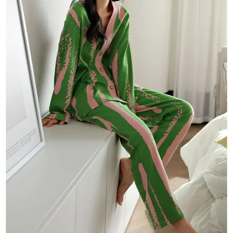 Women's Spring Autumn Long-sleeved Cute V-neck Korean Version Loose Suit 100% Pure Cotton Pajamas Loungewear Can Be Worn Outside