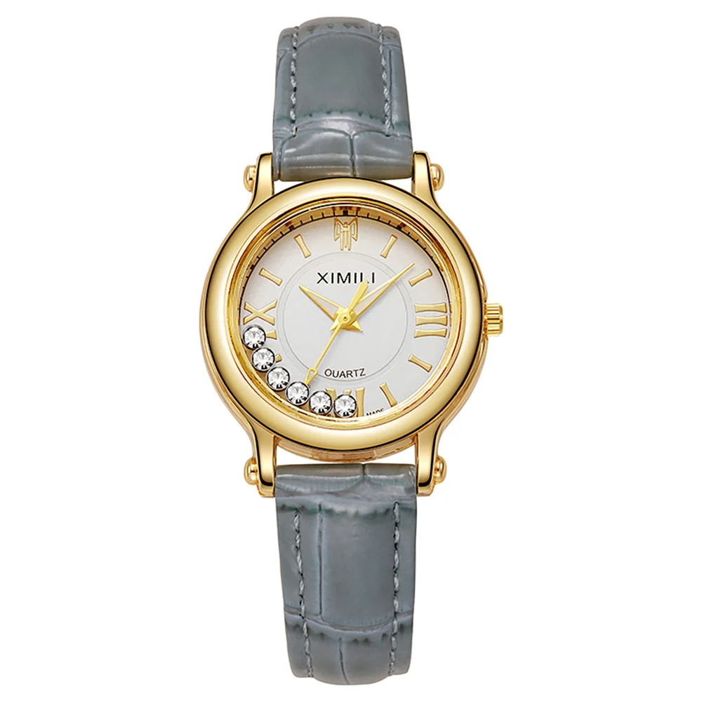 Mode Dames 2024 Nieuwe Eenvoudige Romeinse Roller Bal Quartz Horloge Zakelijk Grijs Leer Dames Jurk Klok Cadeau Polshorloge