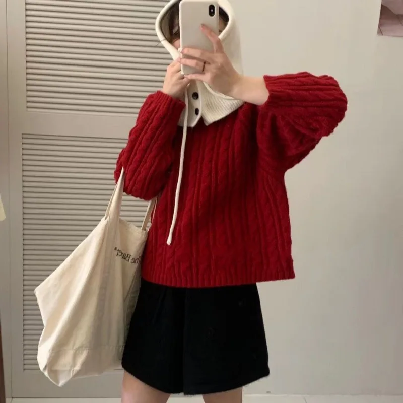 2025 Winter Fashion New Women's Elegant Knitted Round Neck Fried Dough Twists Wool Pullover Loose Warm Thickened Sweater Jumper