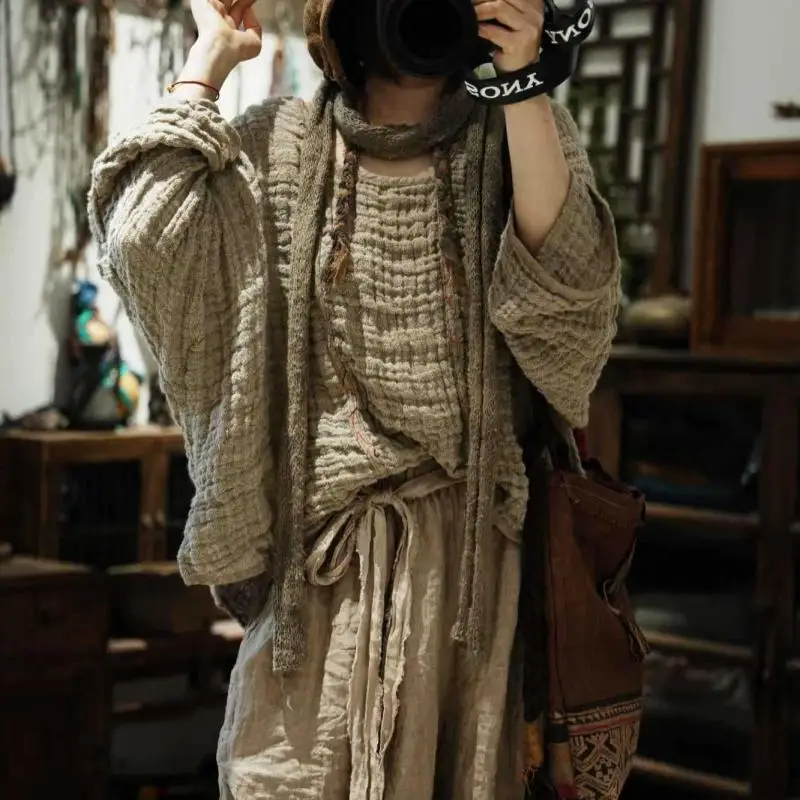 2026 Spring Autumn Arts Style Women O-neck Batwing Sleeve Pullovers High Quality Texture Linen Vintage Loose Solid Hoodie SN363