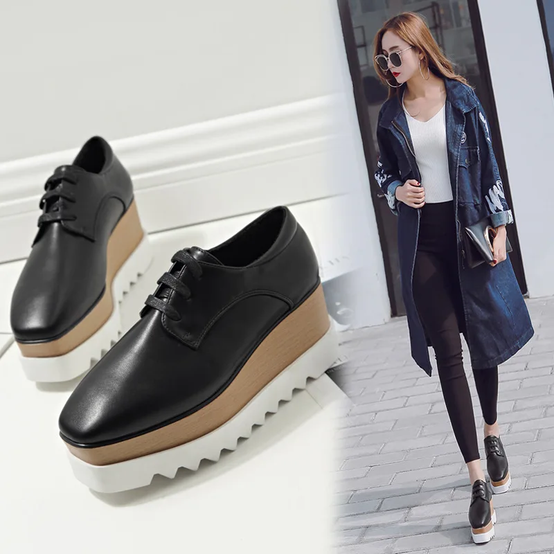 Shoes Woman Flats Autumn Oxfords British Style Clogs Platform Dress Fall New Summer Leather Cross Preppy Creepers High Basic Wed