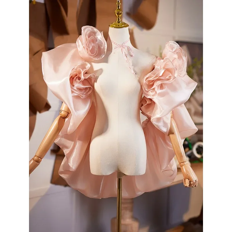 Pink handmade design shawl accessories DIY three-dimensional flower evening dress accessories catwalk performance
