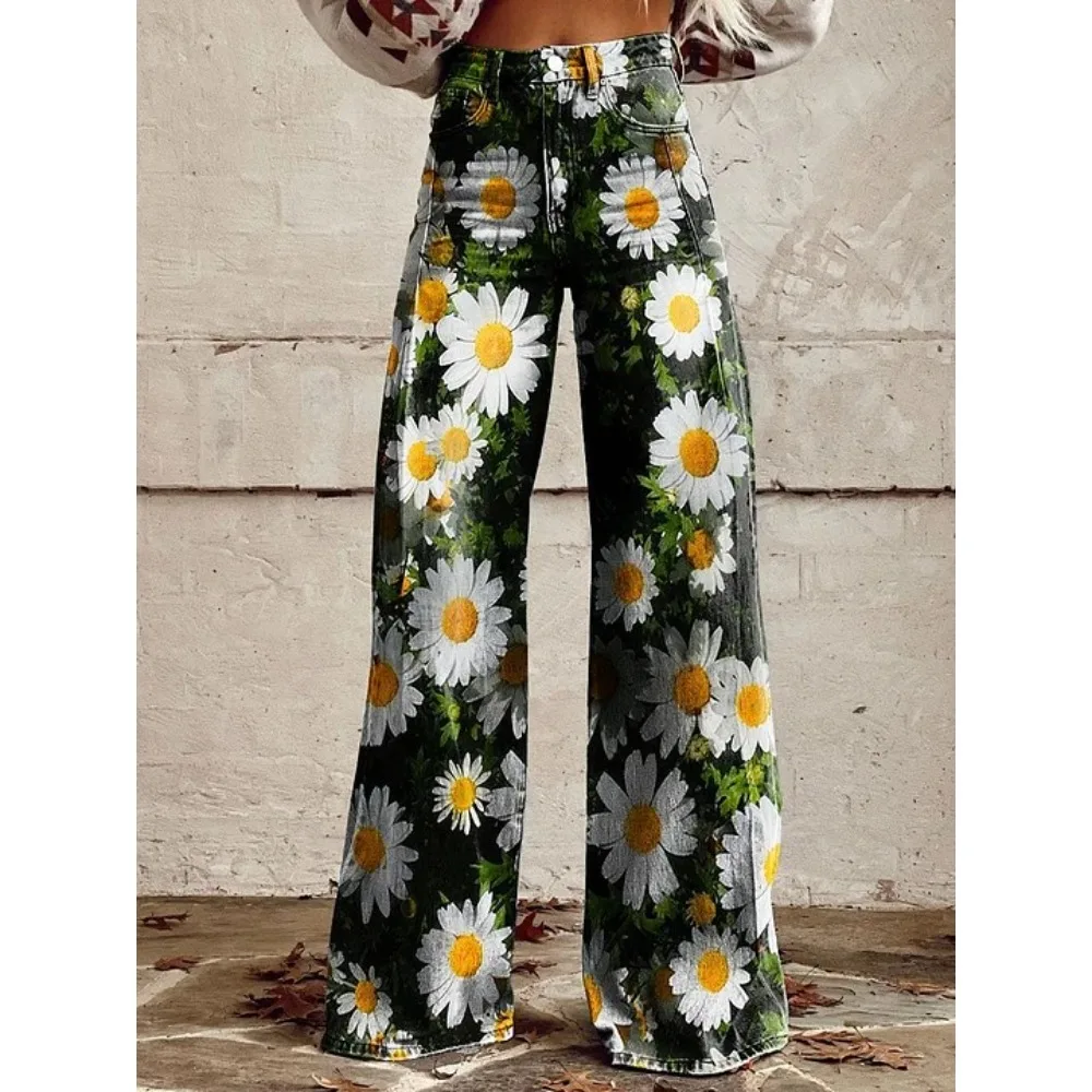 Damen Boho Blumenmuster High-Waist Weite Hose Retro Y2K Western Lässige Loose-Fit Hose mit Taschen Sexy Mädchenhafte Streetwear – Detail 20