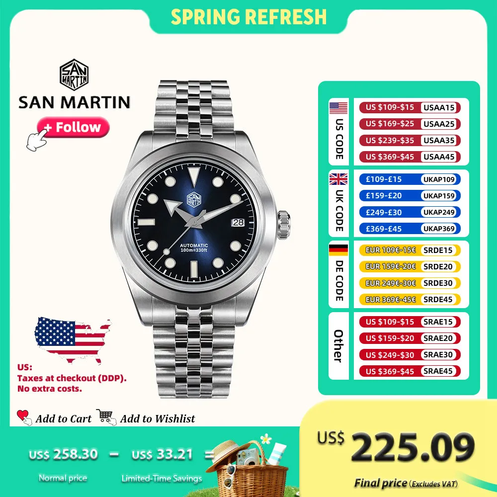 

San Martin 39mm Watch Jubilee Bracelet NH35 Automatic Mechanical Watches for Men Lume Sunray Enamel Dial Waterproof 10Bar SN0053
