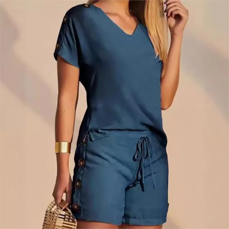 New Summer Women Buttoned V Neck Short Sleeve Casual Top And Drawstring Design Shorts Set Fashion Solid Two Piece Sets Female
