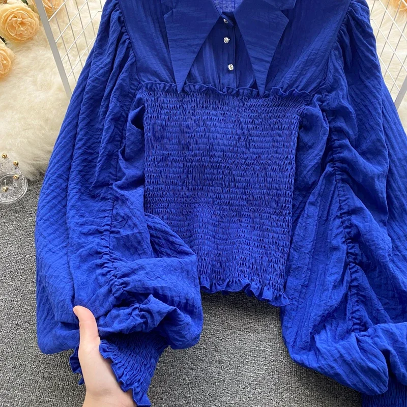 Vintage Lantern Long Sleeve Lapel Pleated Blouse Slim Elegant Korean Fashion Top Sexy Autumn Women Shirt