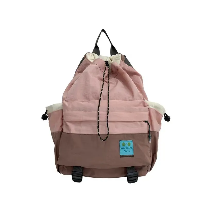 Drawstring Backpack High School Student Nylon Canvas Travel Commuter Backpack Casual Color Contrast Backpack