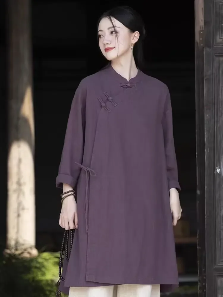 2024 New Chinese Style Retro Cotton and Linen Tops China Traditional Clothing Women Mid-length Shirt Vintage Solid Color