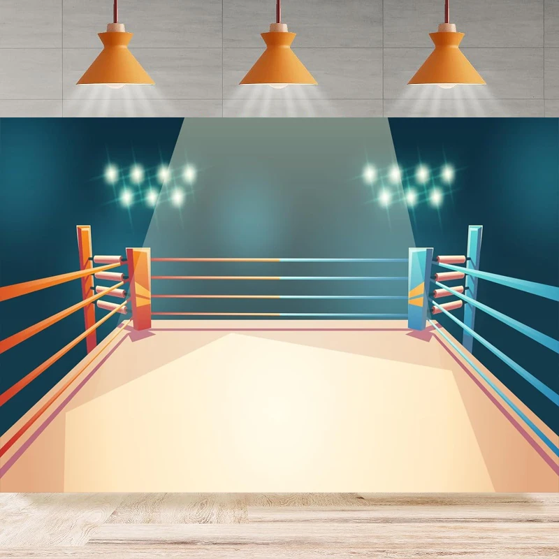 Photography Backdrop Cartoon Boxing Ring Arena Stage Shining Lights Poster Background Home Party Backdrop Wall Banner Decor