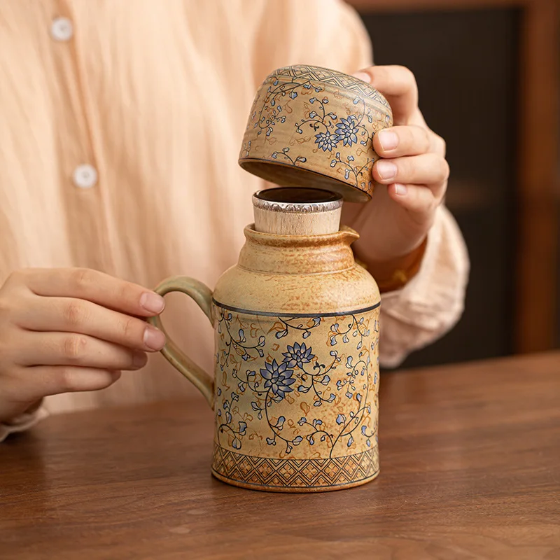 Twined lotus ancient pottery small warm pot retro stuffy teapot teacup ceramic thermal insulation pot set business gift souv