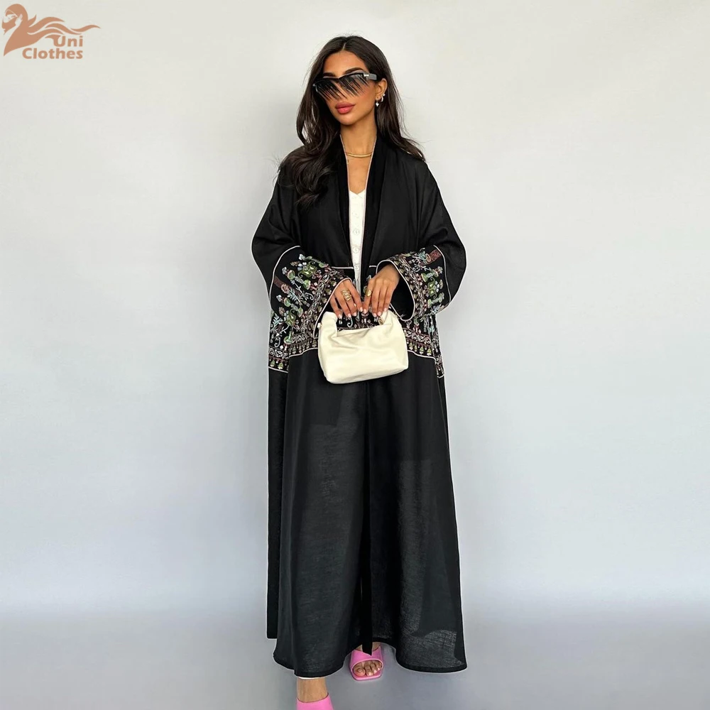 2024 Flower Embroidery Sleeve Dubai Kimono Abaya Dress Luxury Ramadan Saudi Arabia Women Modest Cardigan Islam Turkey Plain Robe