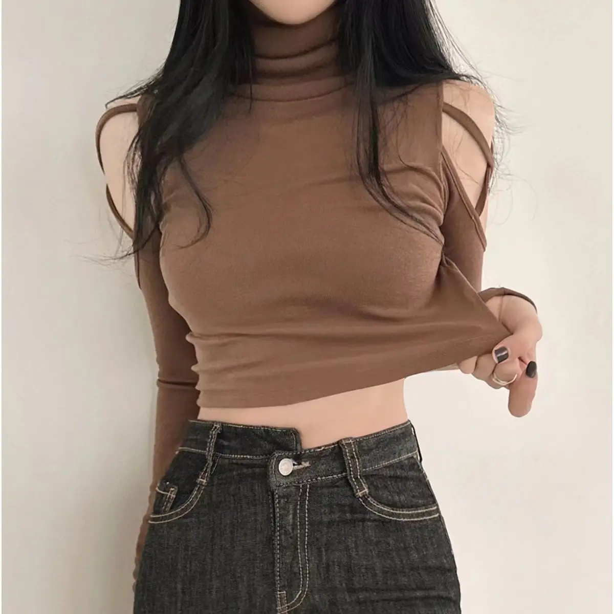 Tops Woman Slim Off Shoulder Sexy Crop Brown Long Sleeve T Shirt for Women Turtleneck Clothing Female Harajuku Fashion Korean