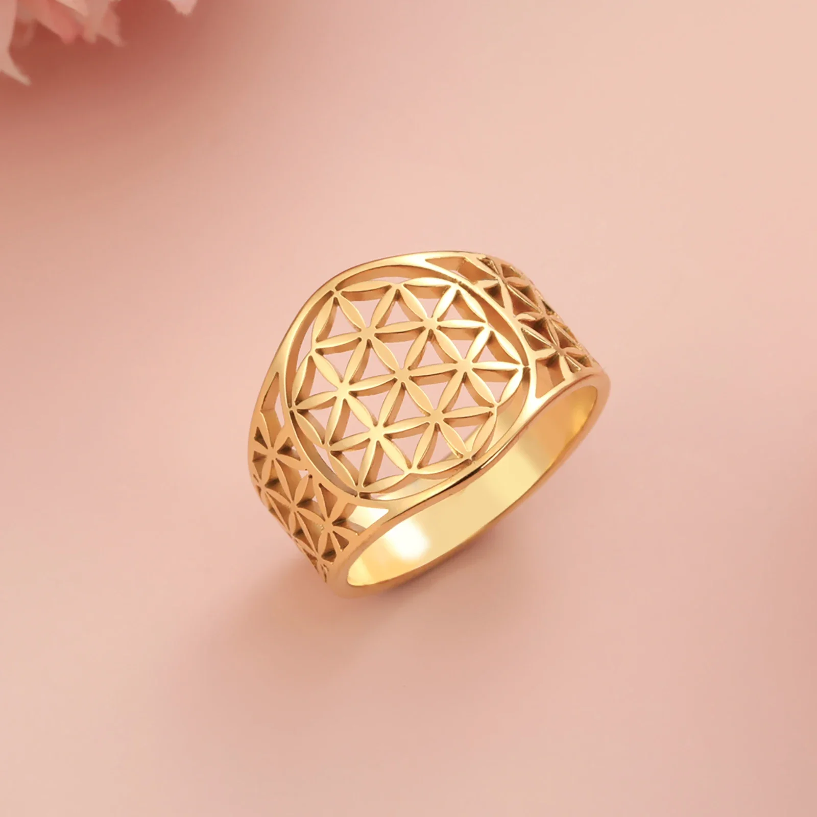 Image 4: Skyrim – bagues élégantes fleur de vie pour femmes, Vintage, en acier inoxydable, couleur or, géométrie sacrée, vente en gros, cadeau d'anniversaire