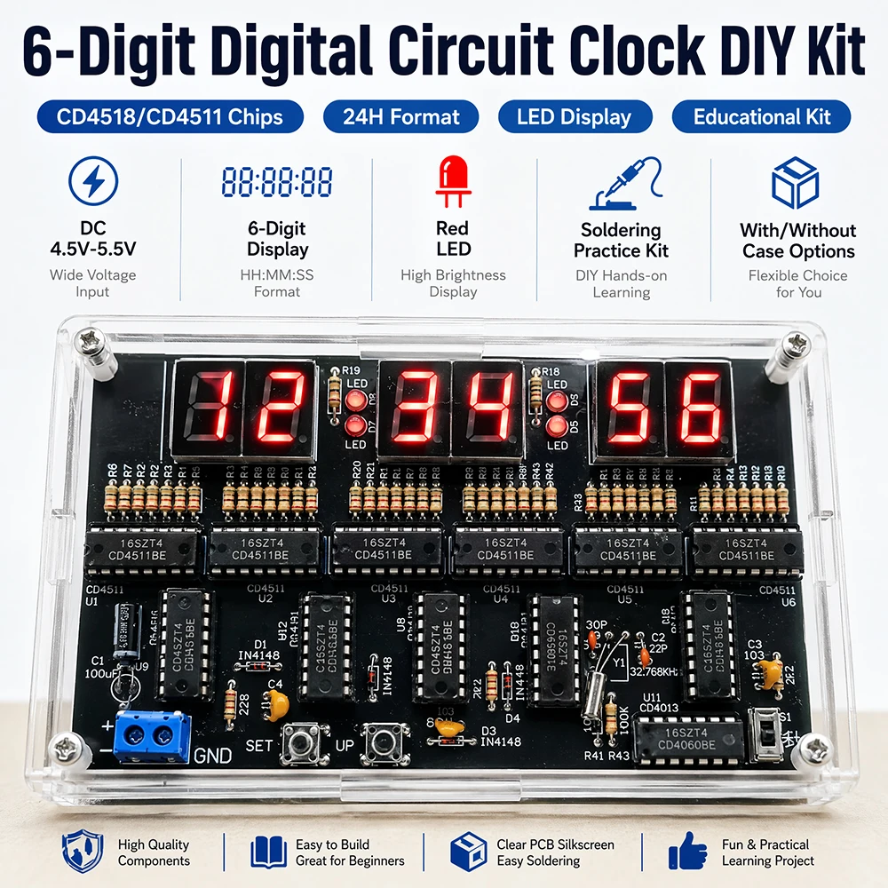 6 Digit 24H Digital Circuit Clock DIY Soldering Kit DC4.5V-5.5V Red LED Digital Tube CD4518 CD4511 CD4060 Chip Time Calibration Electronic Teaching Training Parts Optional With Shell