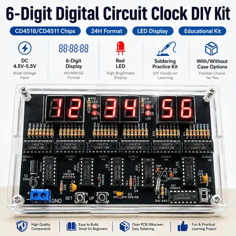 6 Digit 24H Digital Circuit Clock DIY Soldering Kit DC4.5V-5.5V Red LED Digital Tube CD4518 CD4511 CD4060 Chip Time Calibration Electronic Teaching Training Parts Optional With Shell