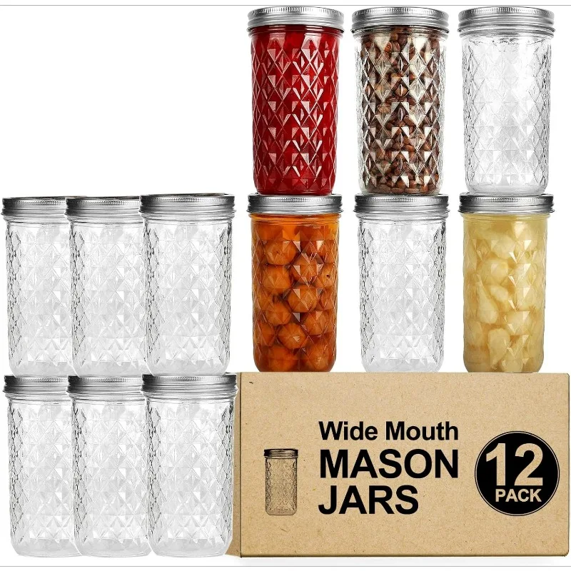 

Wide Mouth Mason Jars 16oz, 12 Pack 16 oz Wide Mouth Mason Jars with Lids and Bands, Ideal for Jam, Honey, Wedding Favors