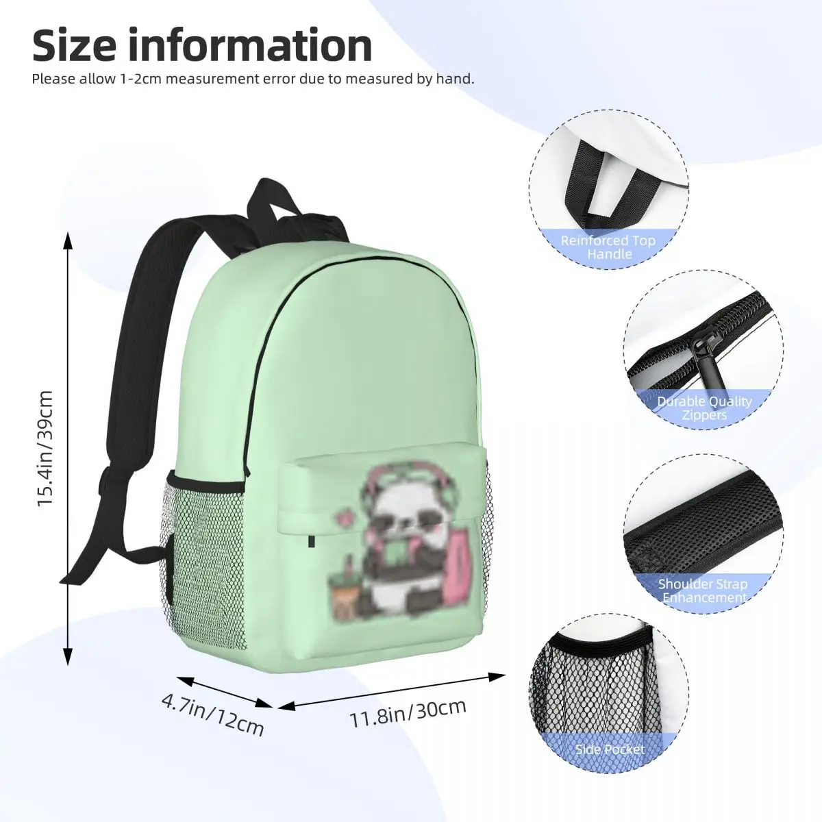 Cute Little Panda Gamer Mochila com fones de ouvido para meninas e meninos, grande capacidade mochila estudantil, leve, impermeável, 15 Polegada