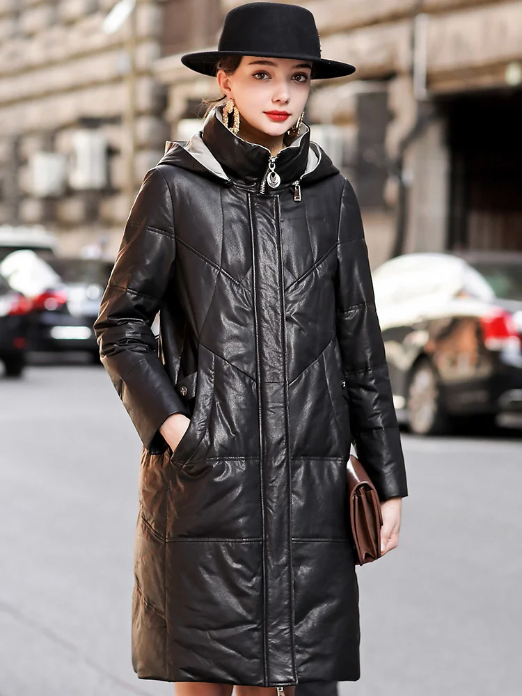 Winter Patty 2022 New Fashion Genuine Leather Down Coat Women's Hooded Mid length Sheepskin Temperament Leather Coat