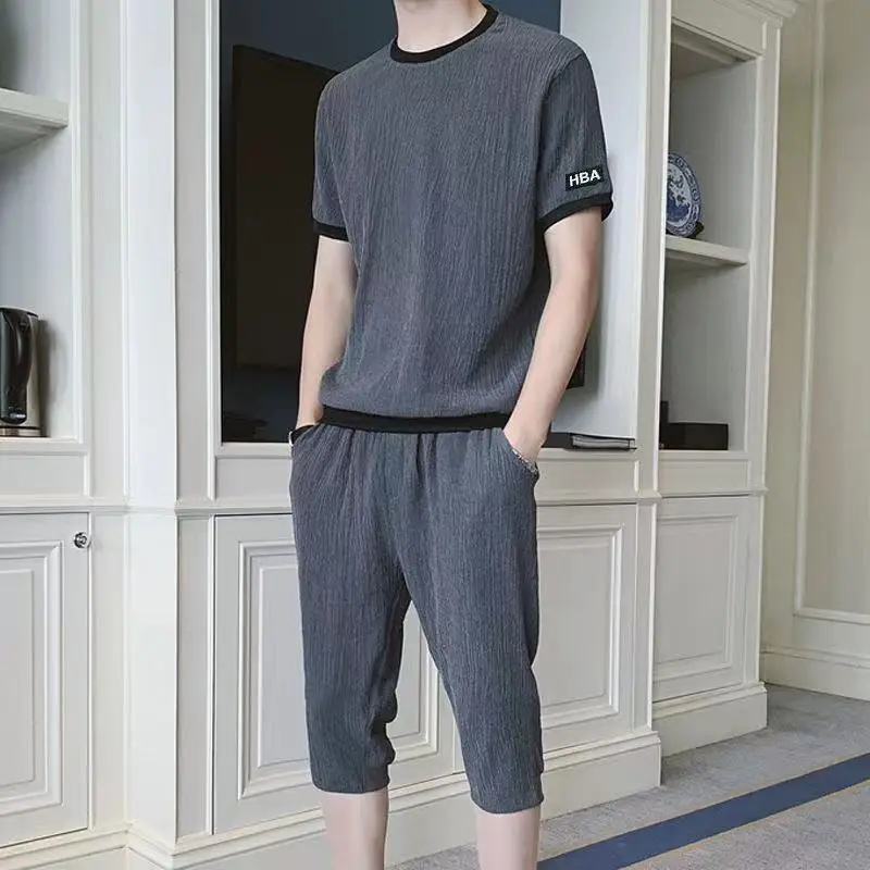 Ice Silk Short Sleeve Seven-Foot Pants Set for Men Summer New Fashionable And Handsome T-Shirt And Pants Combo Loose Fit Yout...