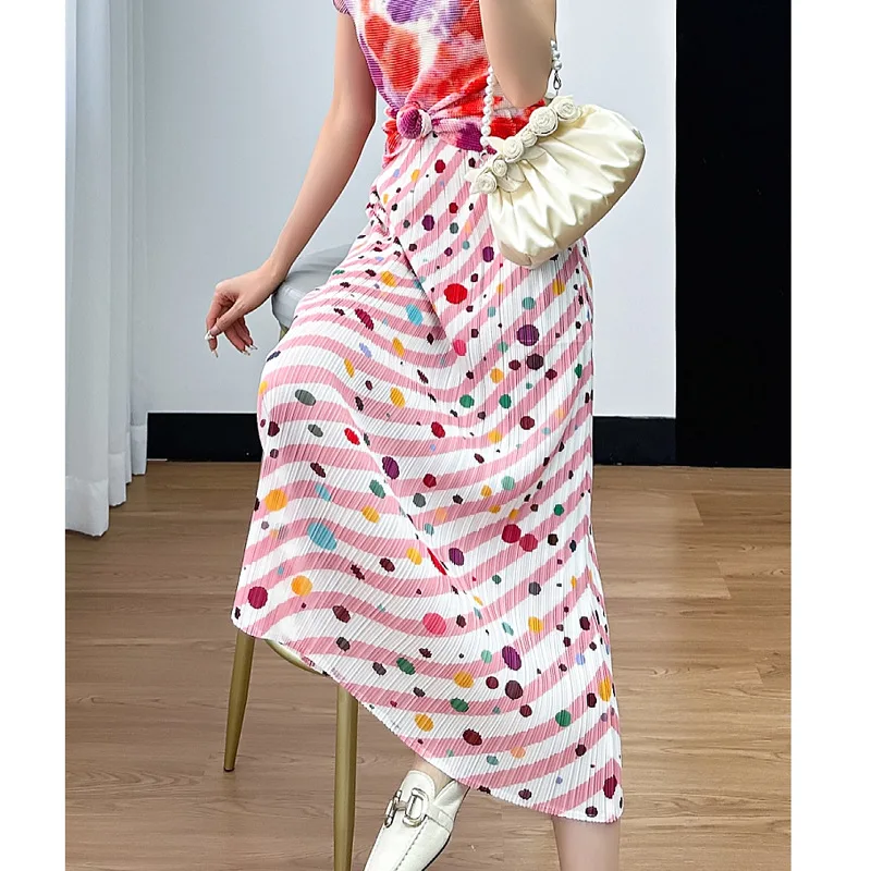Pleated skirt (skirt legs split) with colorful polka dot print half body skirt for women in summer, thin, loose and slimming