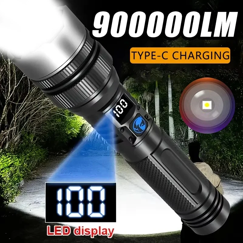 900000LM Powerful LED Flashlight Zoom Torch with Digital Display Portable Type-c Rechargeable Flashlights for Camping Hiking
