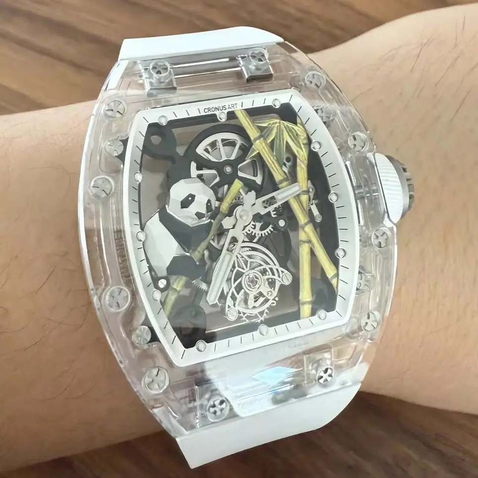 CRONUSART Men Tourbillon Watch 50mm Tonneau Mechanical Wristwatch Sapphire Case MIrror Luminous Skeleton Panda Dial FKM Strap