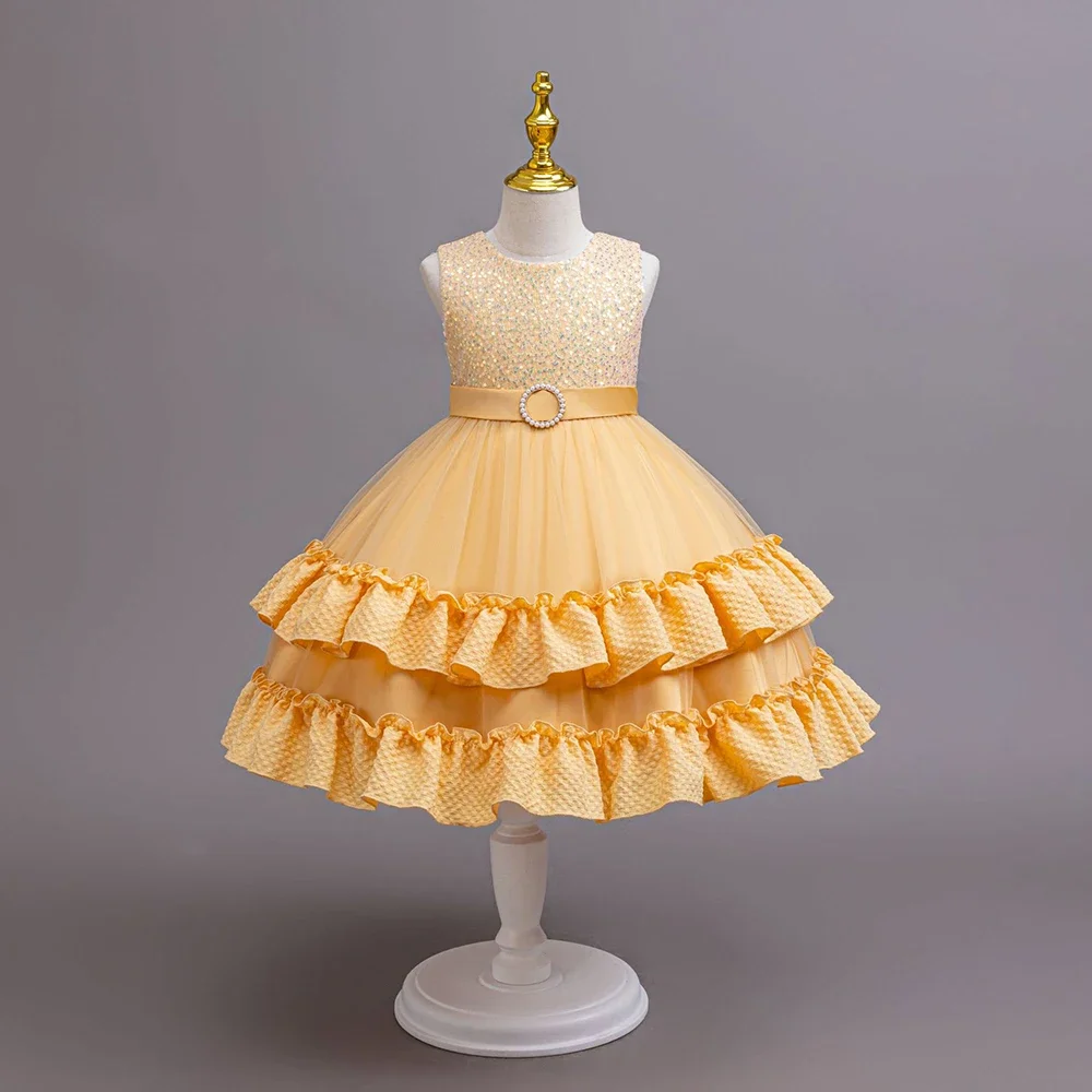 Fashion Girl Dresses Long Sleeve Sequined Child Tulle Princess Costume for Pageant Party Birthday Festival Christmas