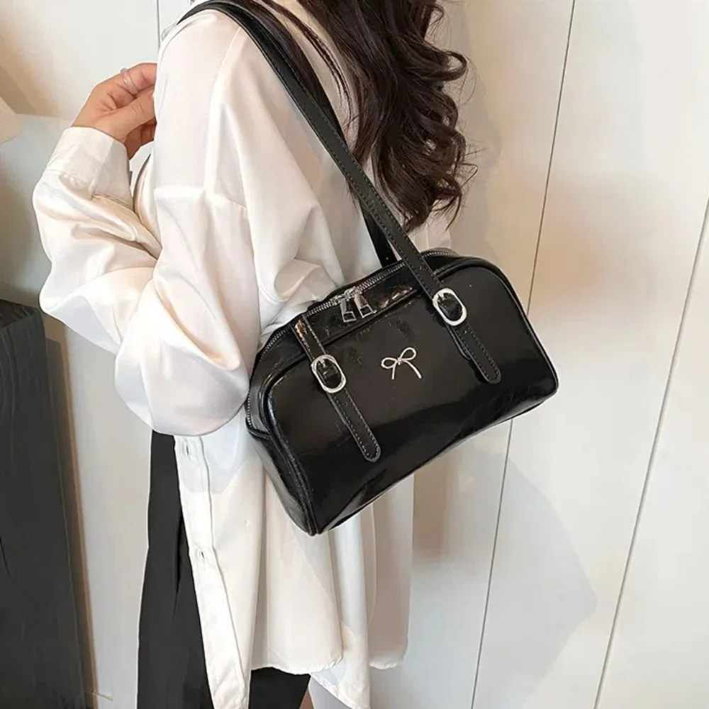 Fashion Bowknot Shoulder Bag Pu Leather Large Capacity Underarm Bag Solid Color Tote Bag