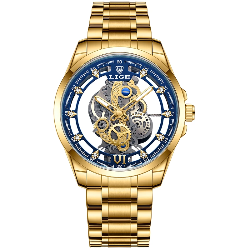 Liege neue herren uhr skelett quarz armbanduhr gold skelett retro mann uhr top marke luxus uhr herren uhren reloj hombre