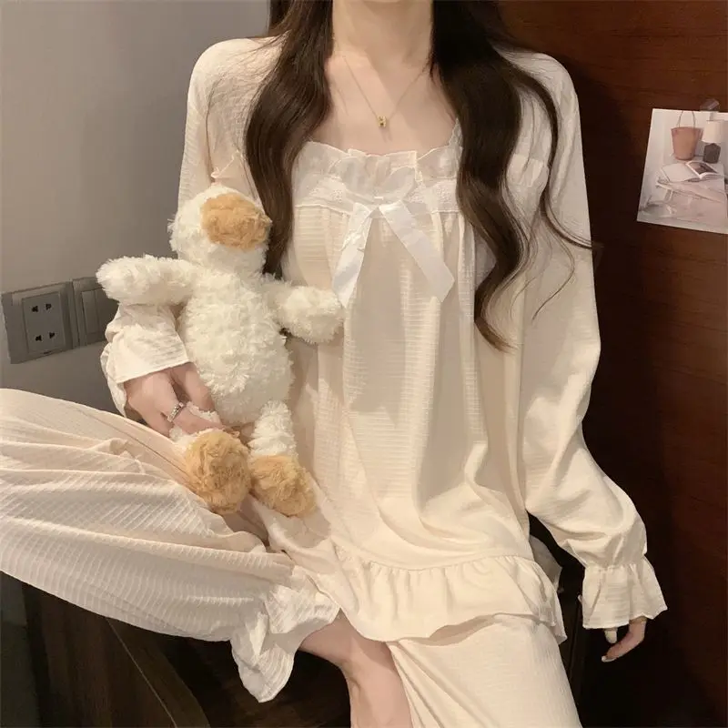 Square Collar Sleepwear Women Pajama Sets Lace Piiama Autumn Pants Sets for Women 2 Pieces Long Sleeve Night Wears Bow Home Suit