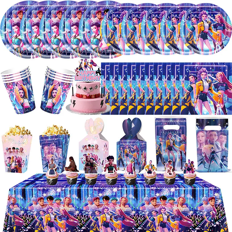 Nouvel ensemble de décorations pour fête d'anniversaire Kpop Demon Hunters : gobelets, assiettes, ballons, bannière Joyeux Anniversaire, décorations de gâteau, fournitures et cadeaux pour enfants et