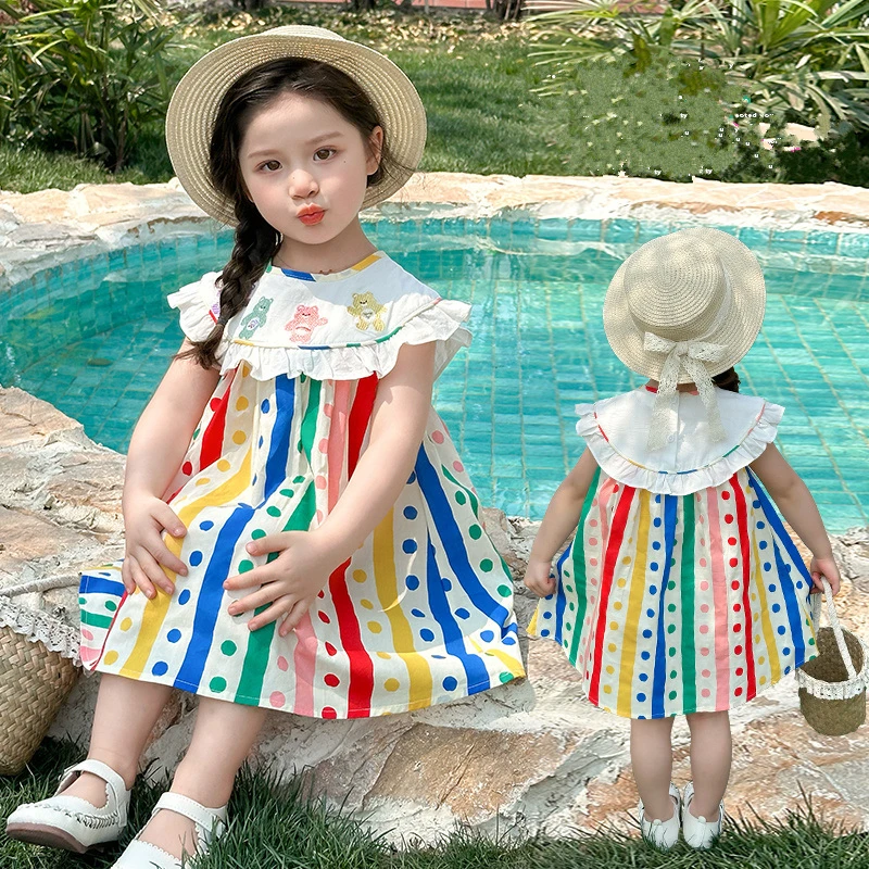 

Cute Kids Cotton Polka Dot Dress with Peter Pan Collar for Baby Girls Casual Colored Vertical Striped Dresses For Toddler Child