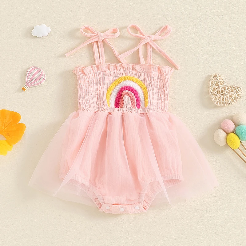 

Suefunskry Baby Girl Summer Romper Dress Casual Rainbow Embroidery Tie Straps Jumpsuit for Newborn Cute Clothes