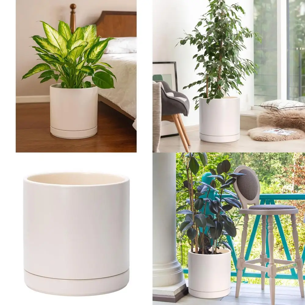 

10 Inch Round Indoor Planter Pot with Drainage Hole and Saucer, Elegant Cylinder Design
