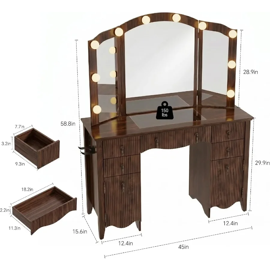 Desk with Mirror and Lights, Tri-Fold Fluted Makeup, Walnut