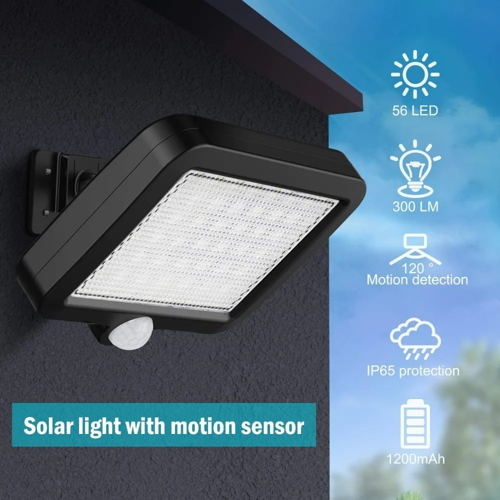 56LED Solar Light Outside with Motion Detector,IP65 Waterproof,120°Lighting Angle, Solar Wall Light for Garden with 16.5ft Cable