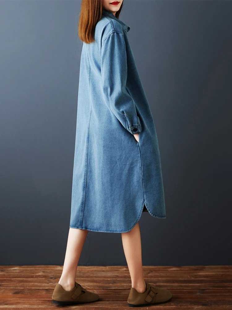 Winter Herbst Koreanische Mode frauen Denim Kleid Einfarbig Langarm Einfache Grund Lose Beiläufige Weibliche Vintage Kleid Roben