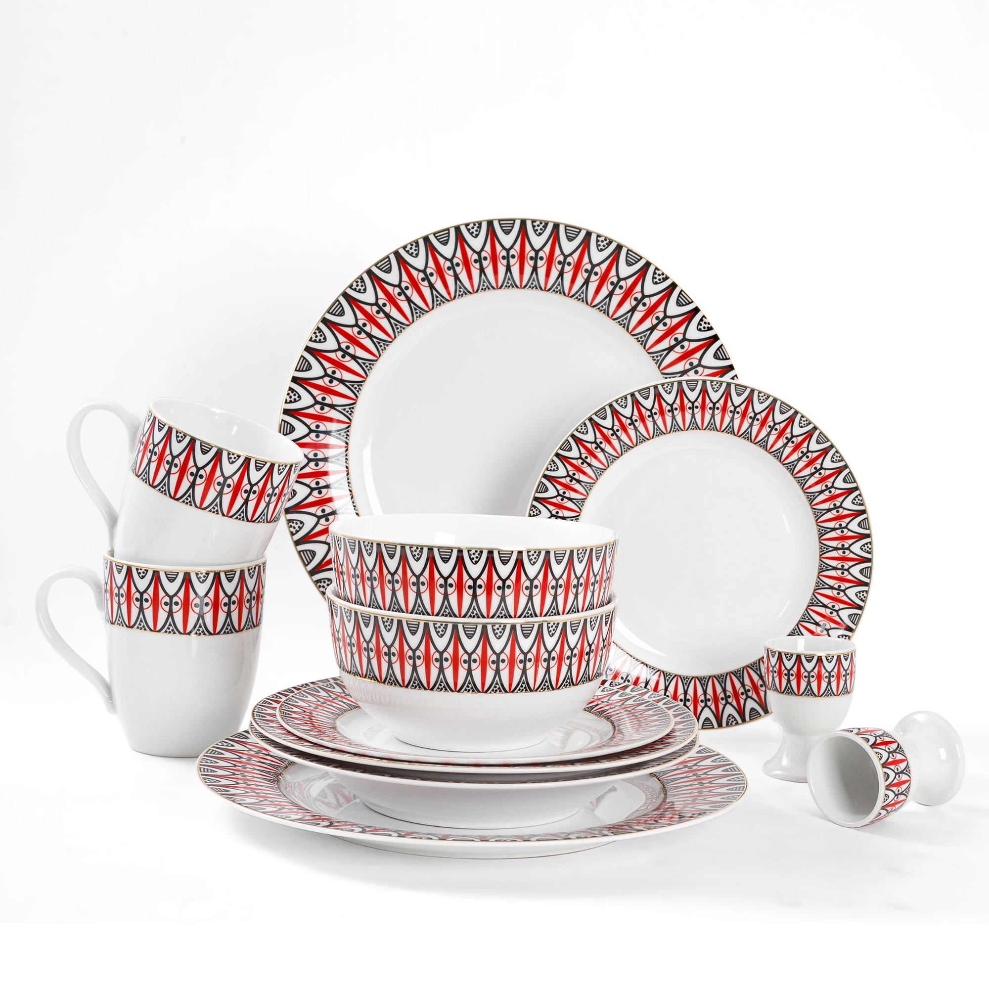 12/24-Piece Red Check Pattern Porcelain Tableware Set Premium Traditional Ceramic Dinnerware with Plates, Bowls, Cups, Egg Cups