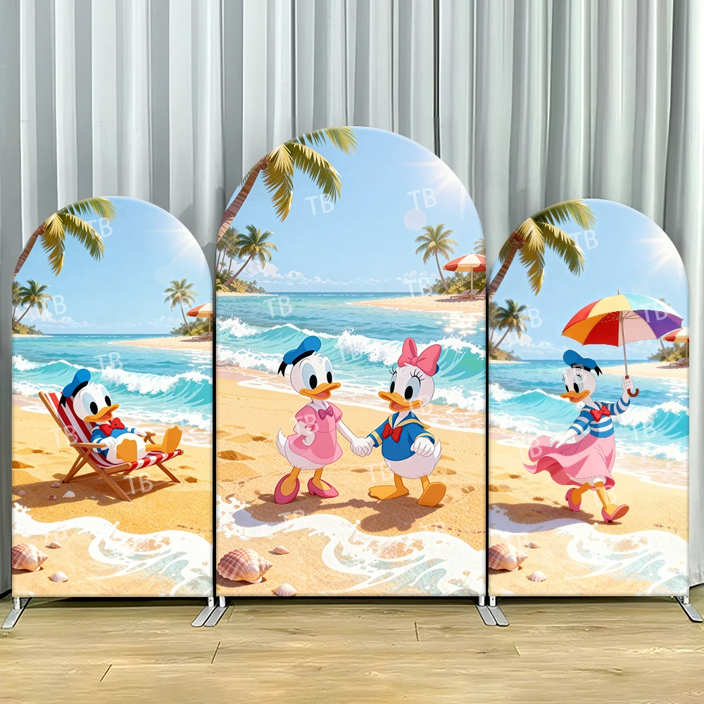 

Donald Daisy Beach Arch Backdrop Cover Palm Wave Scene For Kids Summer Birthday Party Cute Cartoon Theme Photo Booth Decor Prop