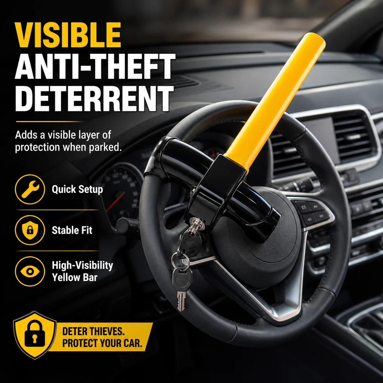 Heavy Duty Steering Wheel Lock Anti Theft Car Security Device Universal Vehicle Lock with 2 Keys Yellow Bar Theft Deterrent