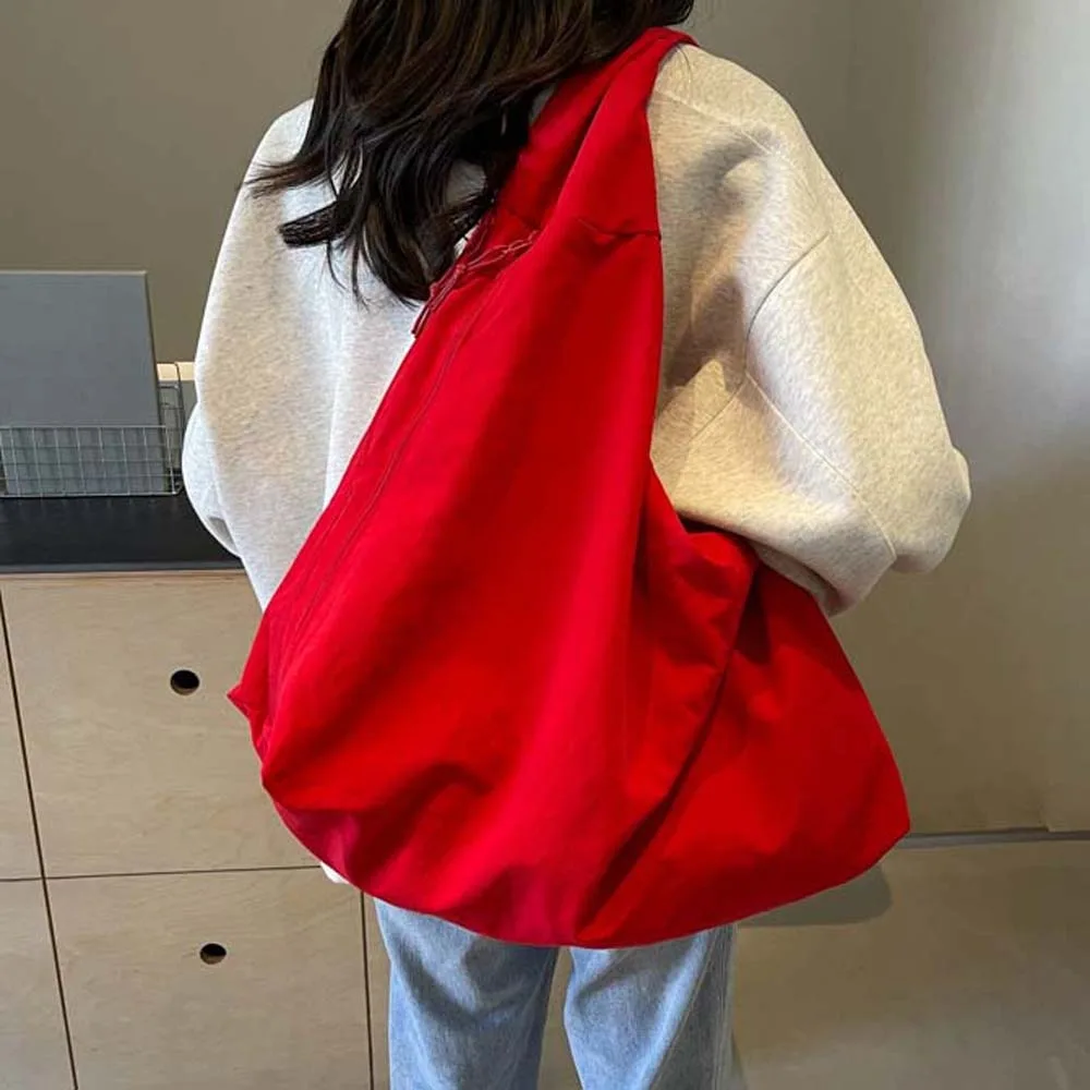 

Casual Nylon Shoulder Bag Double Zipper Design Multi-Pocket Large Capacity Tote Bag Solid Color Soft Versatile Commuting Handbag