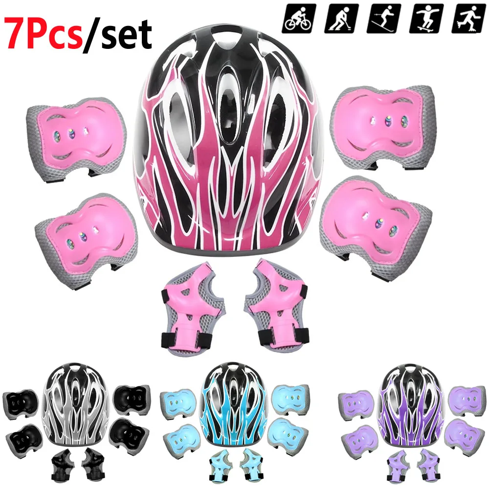 

7 шт. детский велосипедный шлем, шлем для малышей, наколенники и налокотники, защита на запястья, регулируемый комплект защитного снаряжения для девочек 3-10 лет