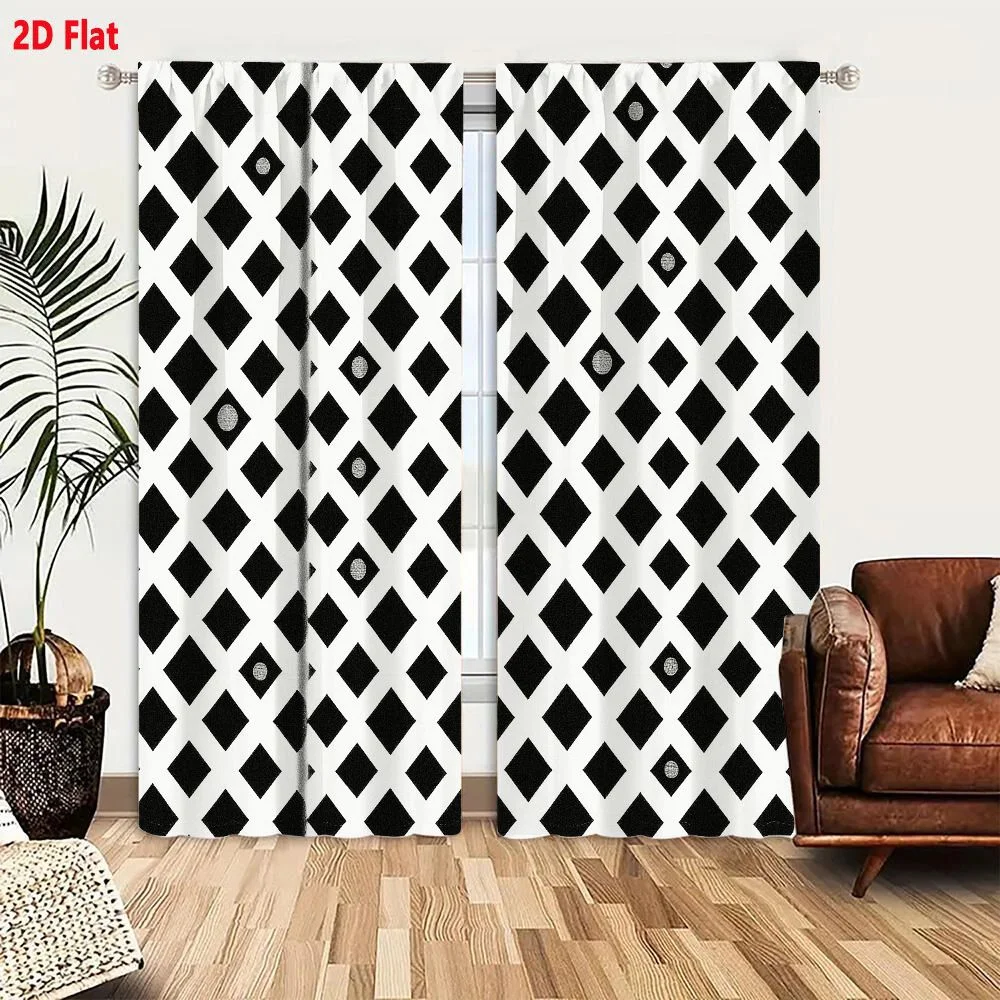 2Pcs Curtains 2D Flat Black And White Geometric Diamond Pattern Fabric With Metallic Rivets And Vertical Seam Window Drapes for