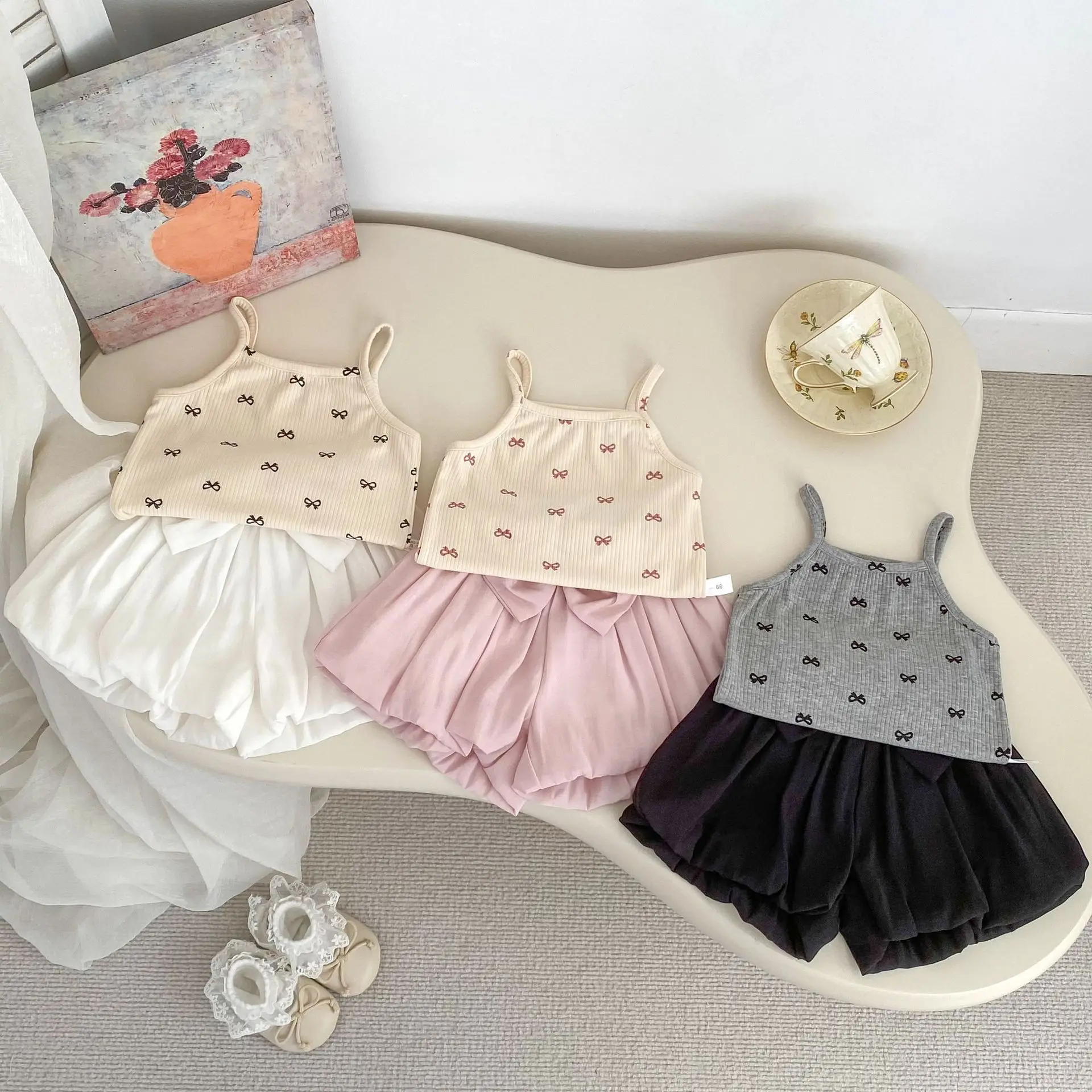 2025 Summer New Baby Girls Cute Sweet Bow Print Sling Vest Cotton Children Sleeveless T Shirts Girls Fashion Sling Kids Clothes
