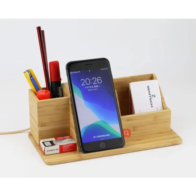 

Hot Sale Bamboo Qi Wireless Charger With Pen Holder and Desk Organizer Fast Charging for Smart Phone Like iPhone or Samsung