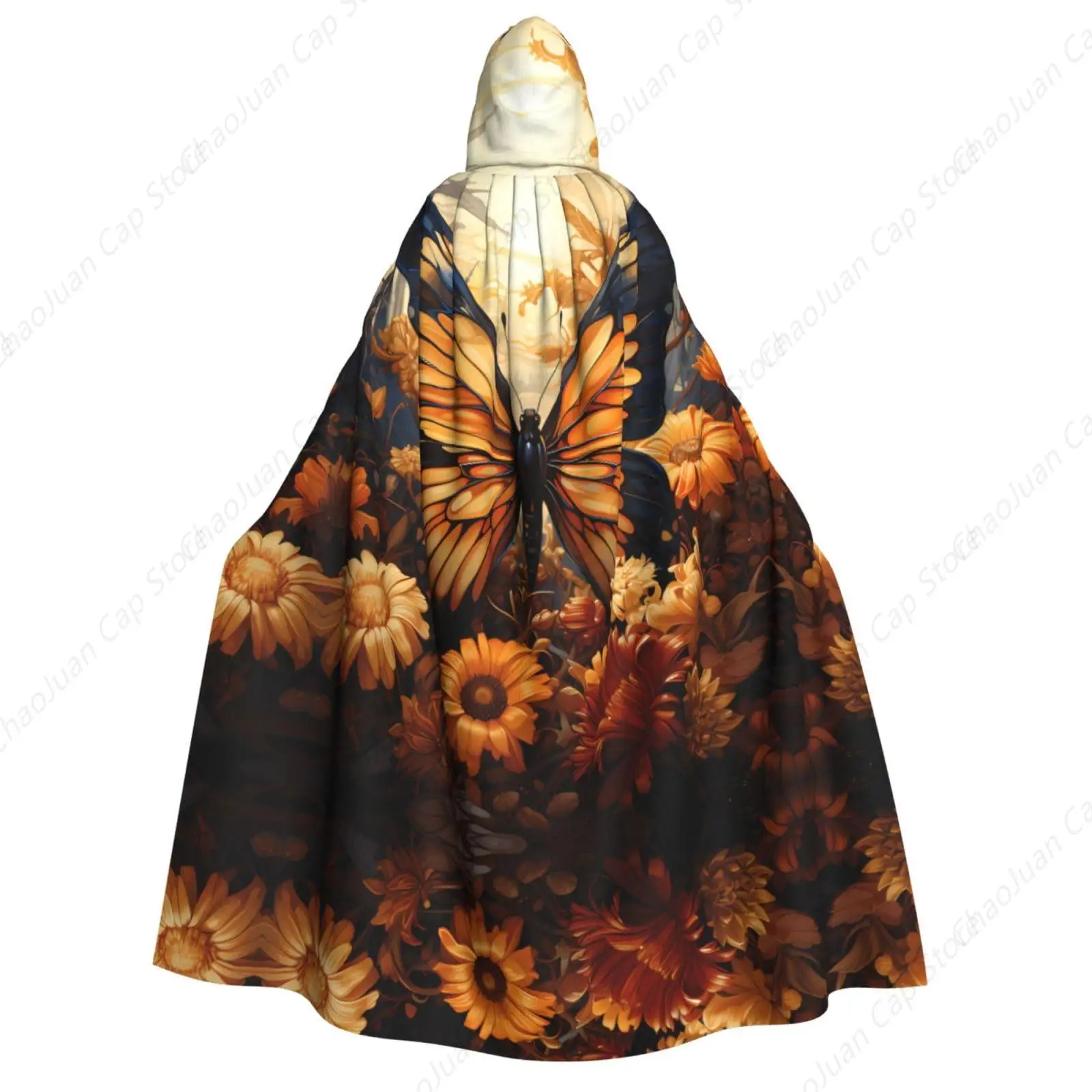 Hooded Cape Orange Yellow Butterfly Field Flowers Prints Soft And Skin-Friendly With Large Brim Suitable For Holiday Parties
