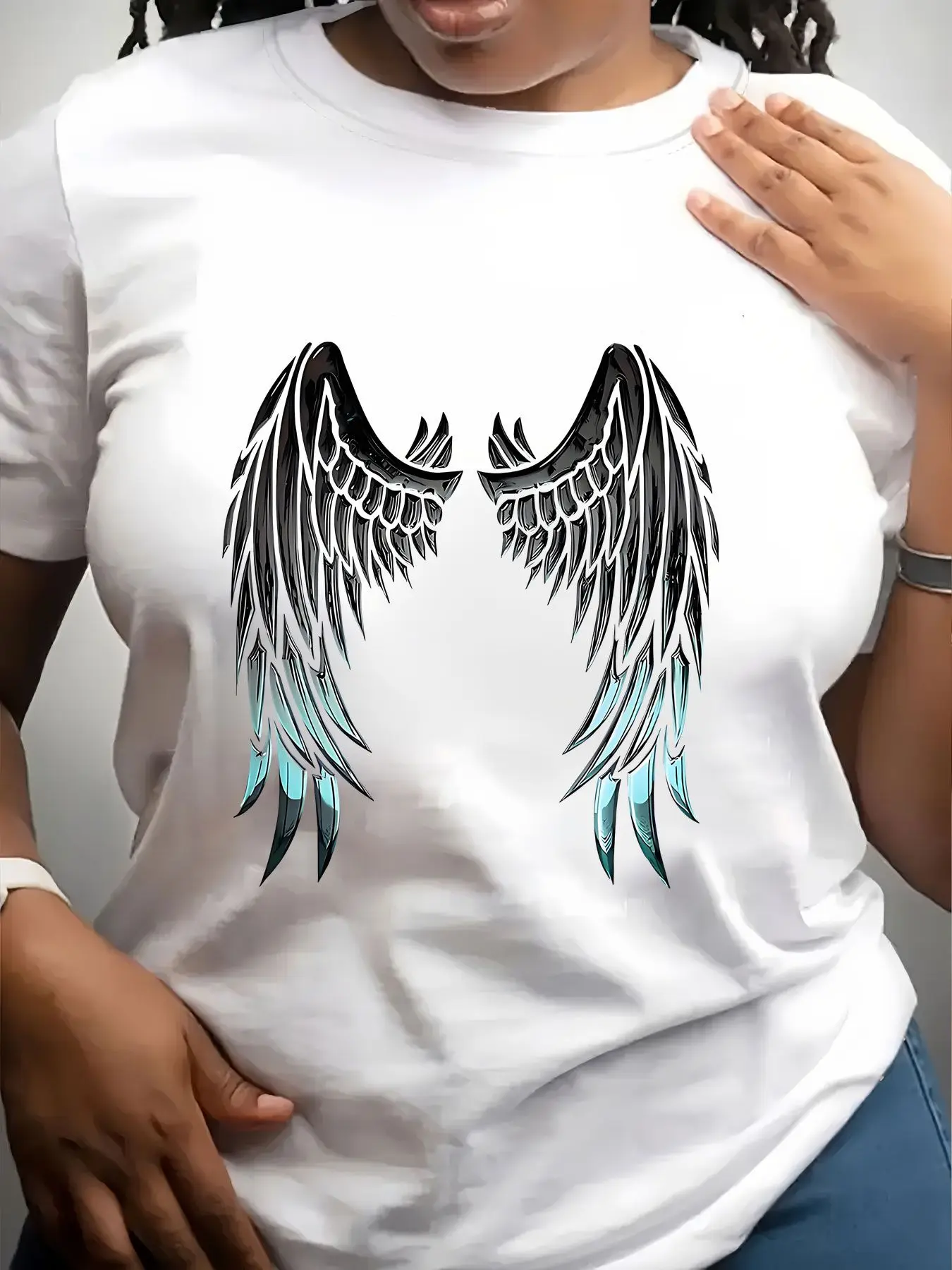 Women's Trendy Crew Neck T-Shirt Black and Blue Angel Wings Suitable for Casual Sportswear