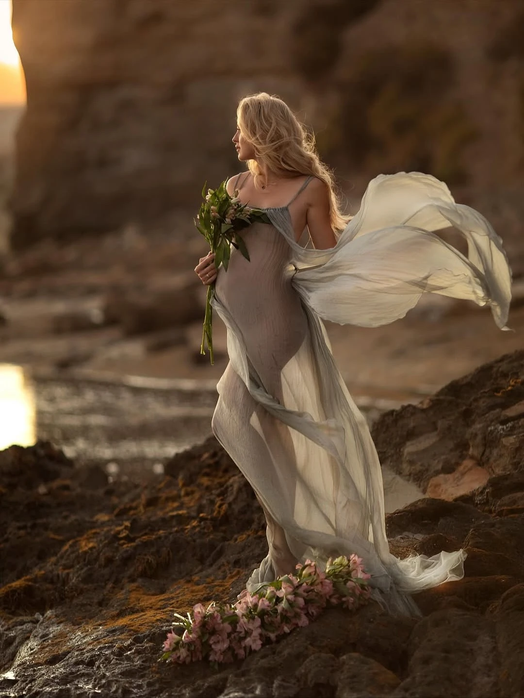 Elegant Backless Maternity Dress for Pregnancy Photo Shoot - Flowy Sheer Chiffon Maxi Gown in Dusty Blue, Boho Style Baby Shower