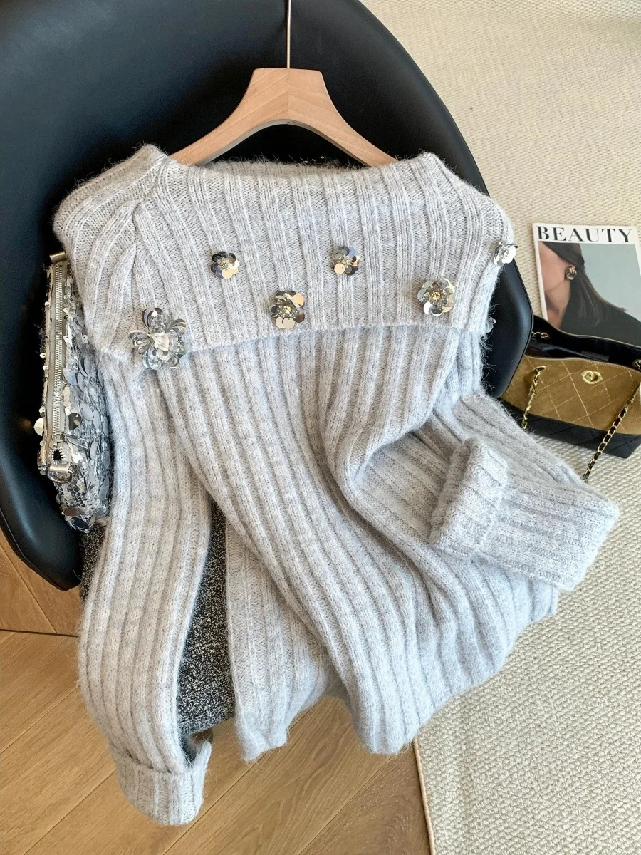 

iny Sequin 3D Flower One oulder Turn-down Collar Loose Women's Sweater Autumn Winter New Design Slimming Top